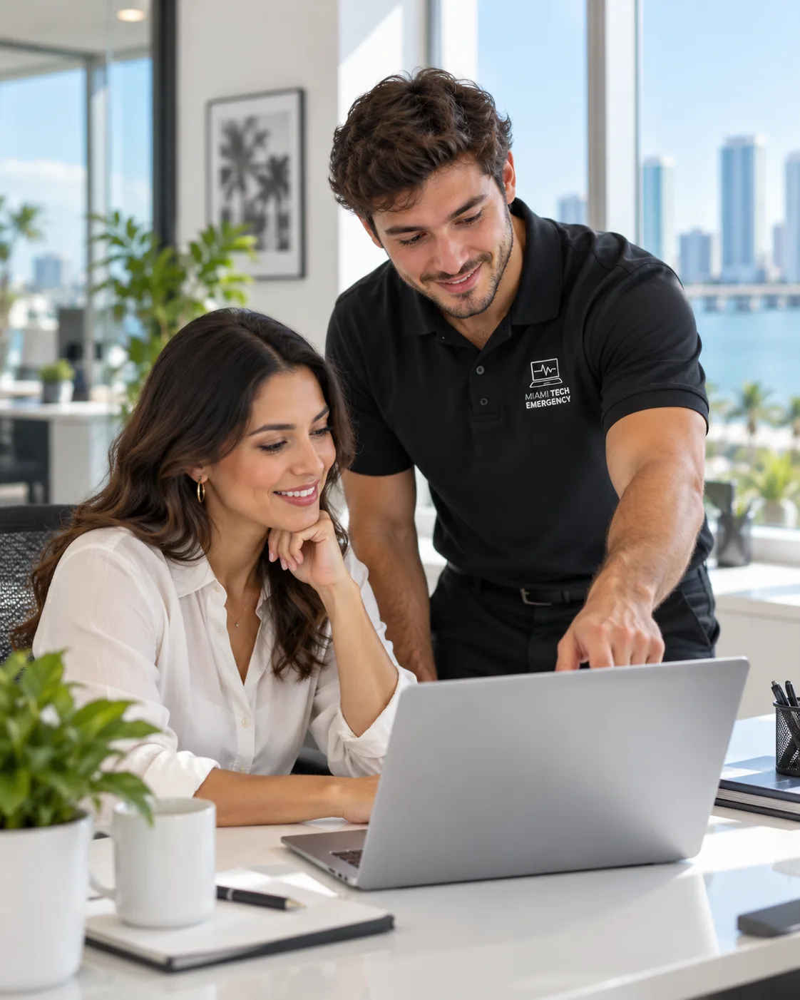 Miami Tech Emergency technician helping a client with her laptop in a Miami office